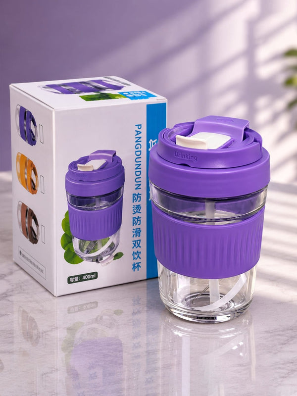 ATYOURMART Double Wall Glass Coffee Mug with Lid & Straw | 400ml Borosilicate Glass Cup