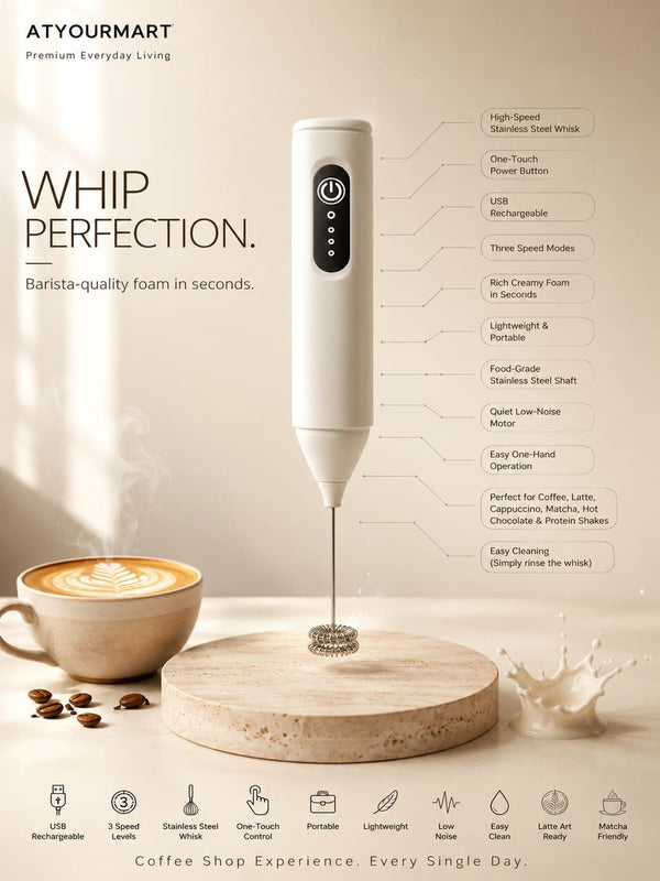 ATYOURMART USB Rechargeable Electric Milk Frother & Coffee Beater – 3-Speed Handheld Whisk